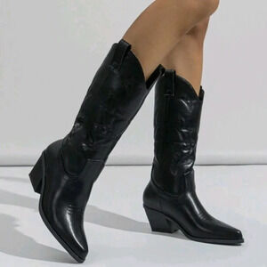 Women's Patent Leather Western Style Embroidered Mid-Calf Chunky Heel Boots, Bla